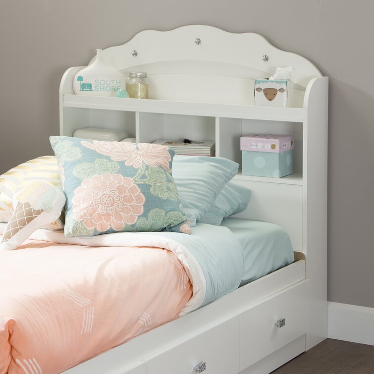 Twin bed store with shelf headboard